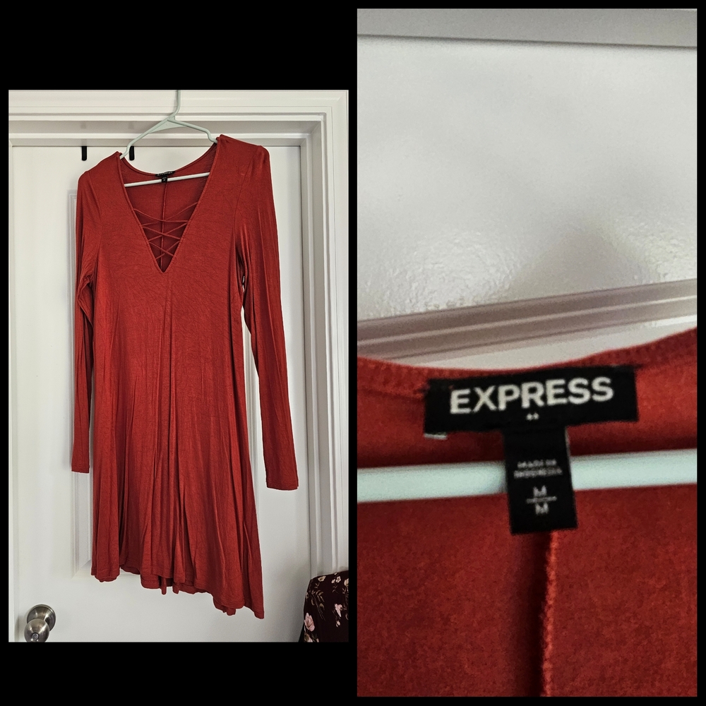 Express Red Fit and Flare Long Sleeve Dress